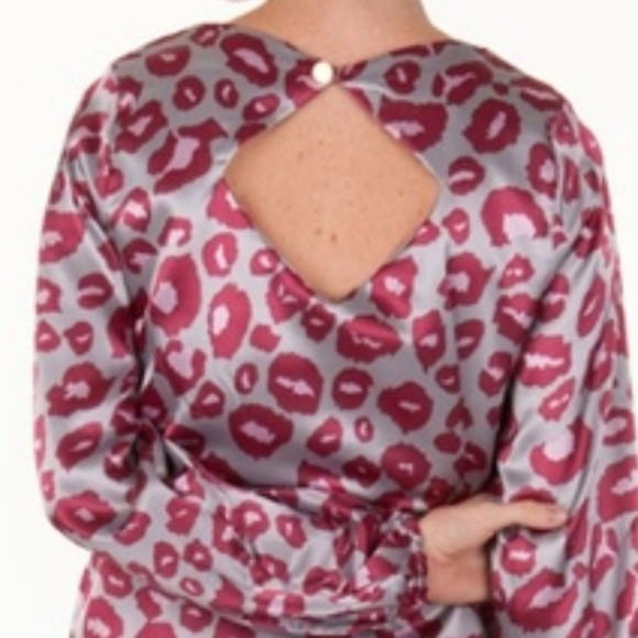 Satin Gray & Pink Animal Print Long Sleeve Dress M - Picture 4 of 6